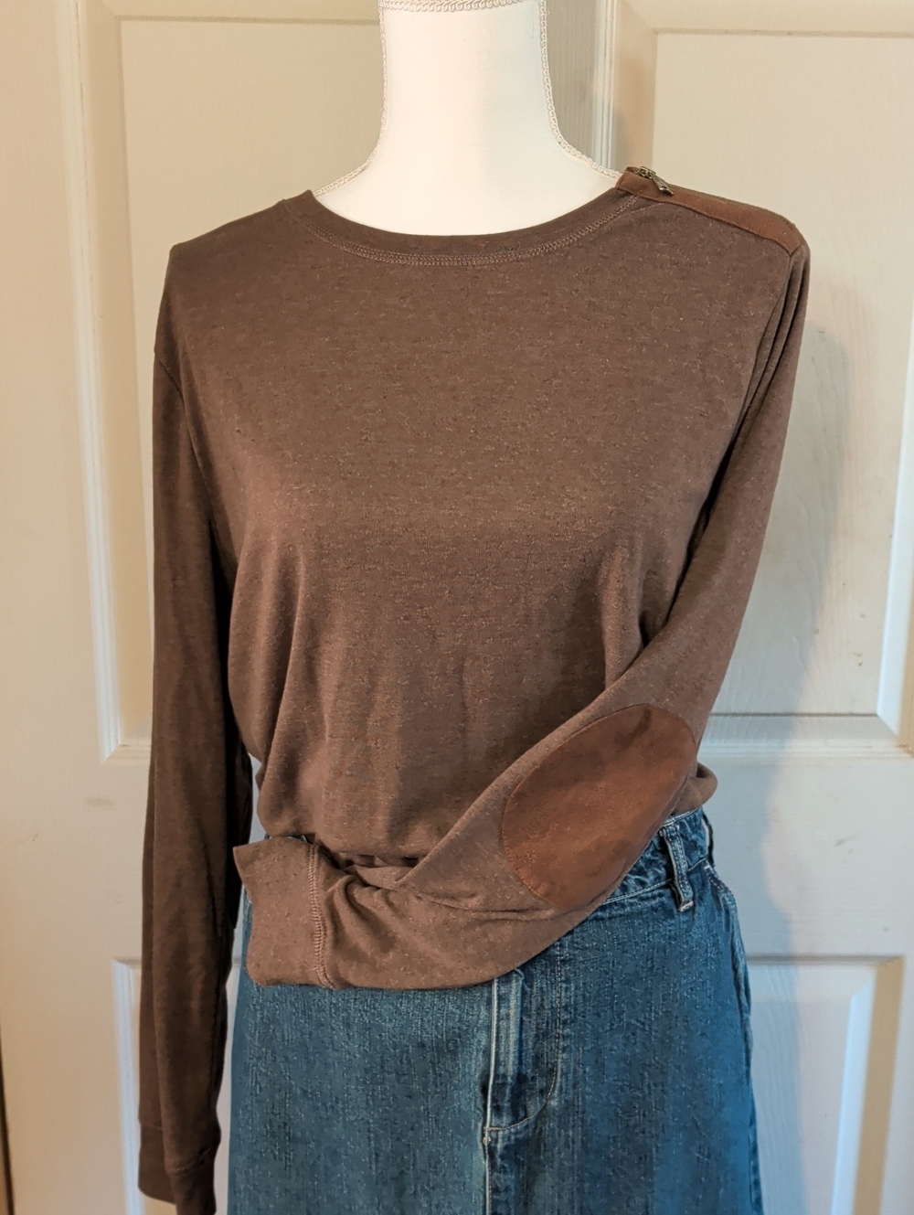 Lauren Ralph Lauren Brown Long Sleeve Crewneck Top with Suede Elbow Patches